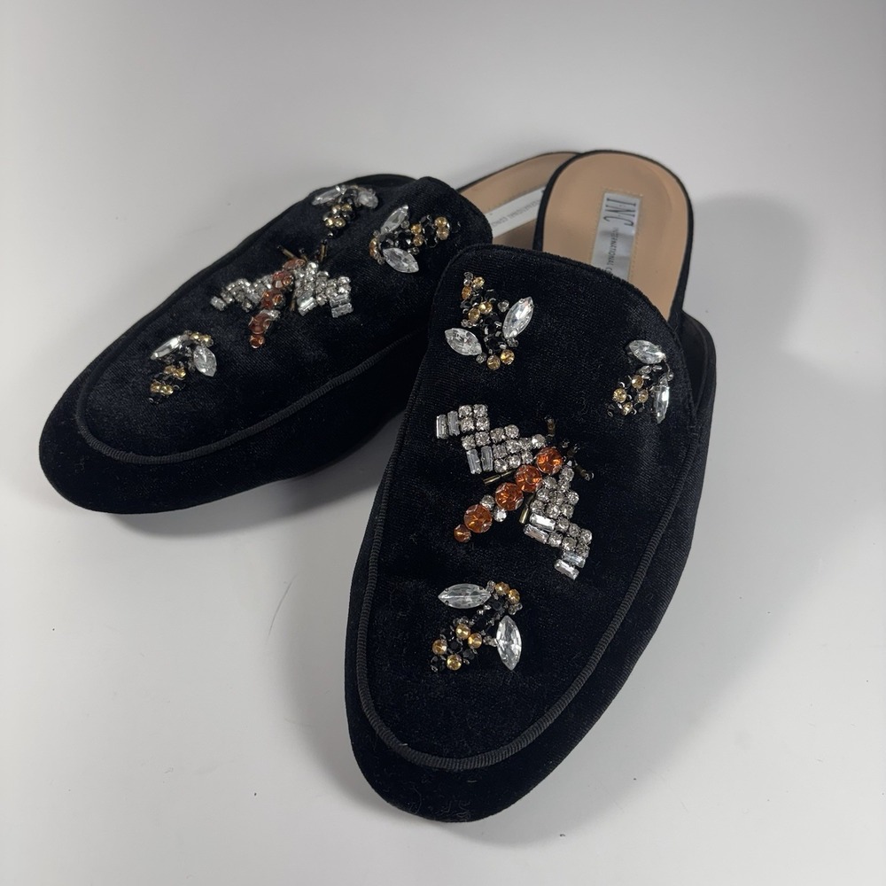 INC INTERNATIONAL CONCEPTS Black Bling Insect Rhinestone Slides Flat Sandals‎ 10
